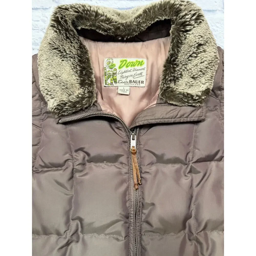 Eddie Bauer Down Vest with faux Fur Collar Eggplant Aubergine Purple size Large - Picture 3 of 16
